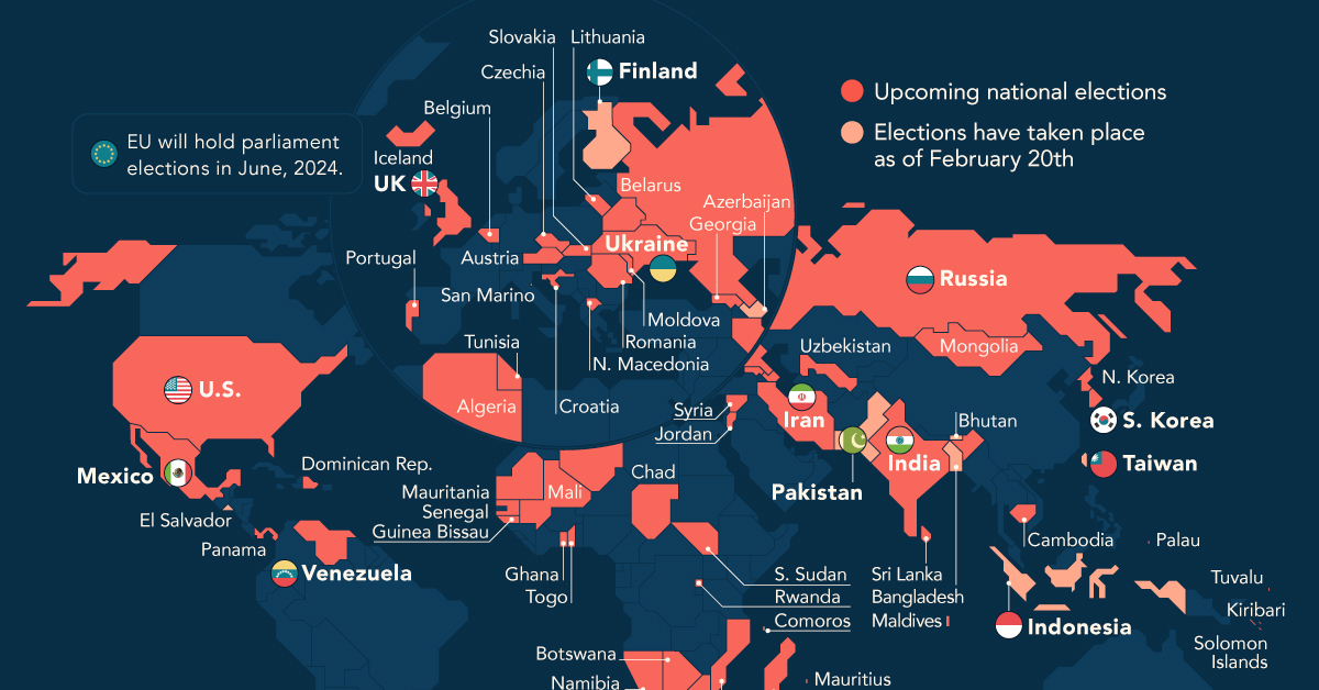 映射按國家 地區劃分的 2024 年全球選舉