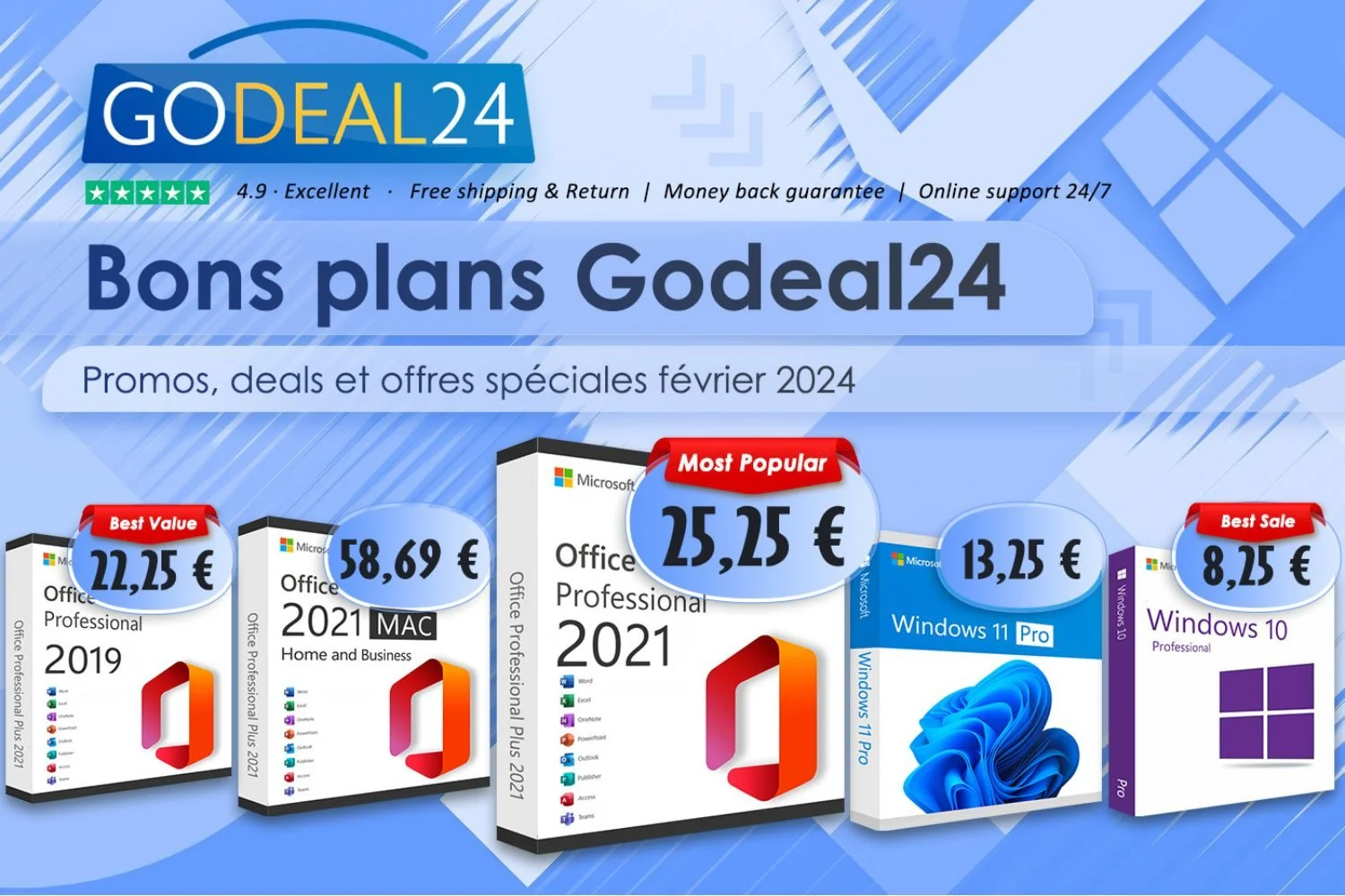 在 Godeal24 上享受 Microsoft Office 2021 的终身许可证（15 欧元起）和 Windows 11（10 欧元起）