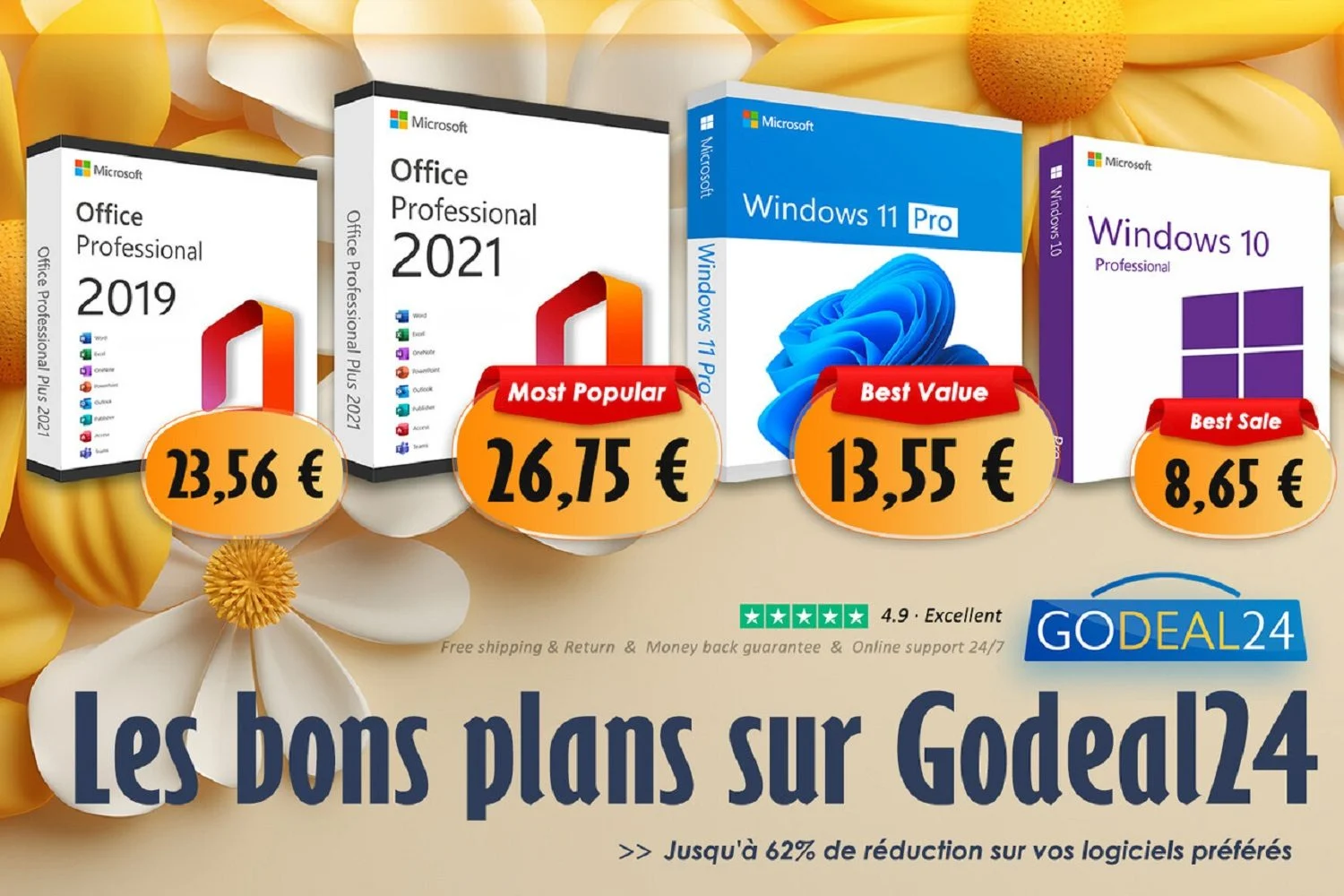 Microsoft Office 2021 15 歐元，Windows 11 10 歐元（終身），Godeal24 黃金優惠