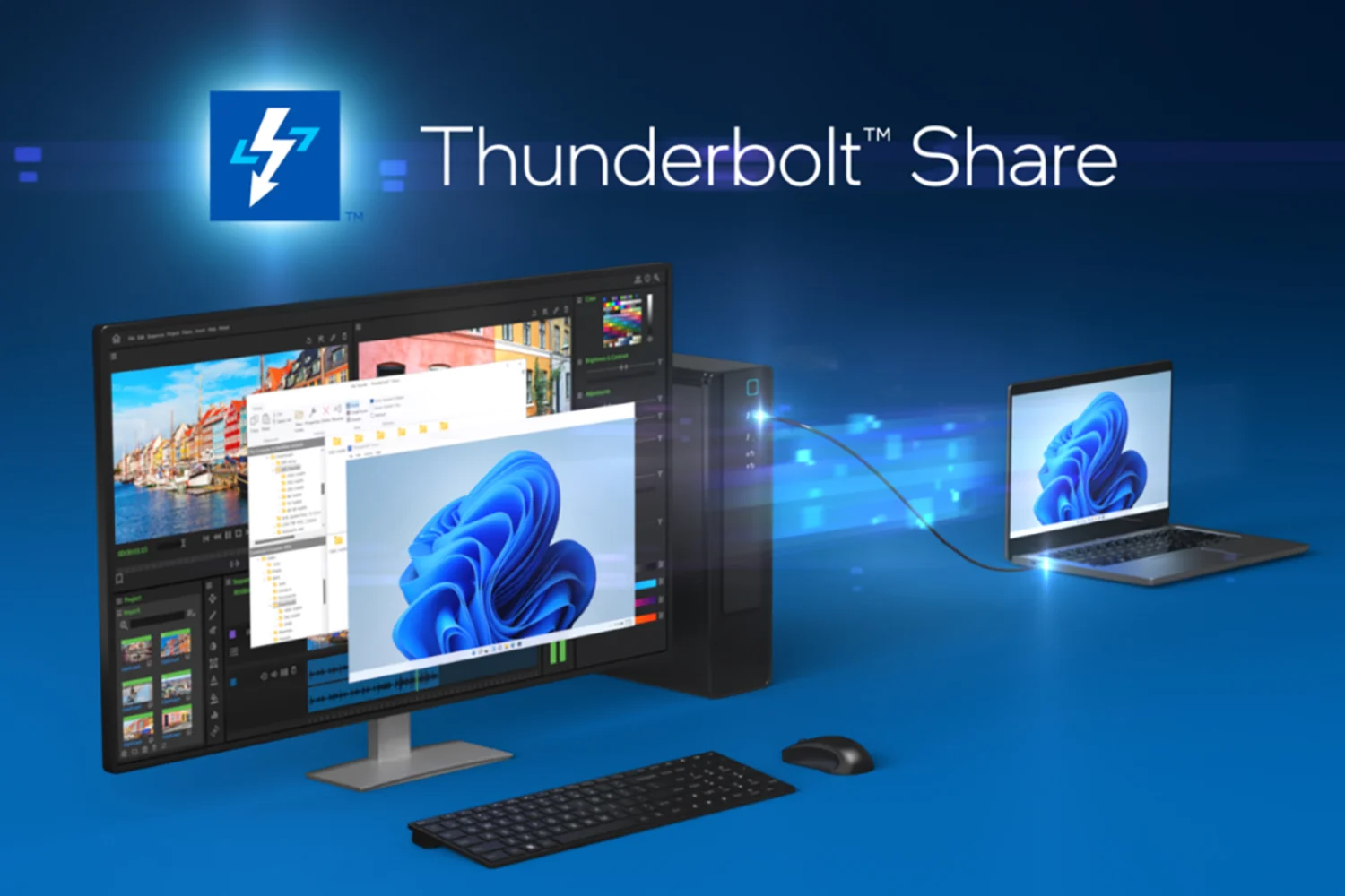 透過 Thunderbolt Share，可以輕鬆連接兩台 PC（滿足所有英特爾標準）