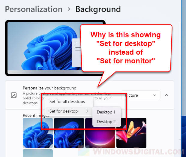 Windows 11 每个显示器上的不同壁纸不起作用